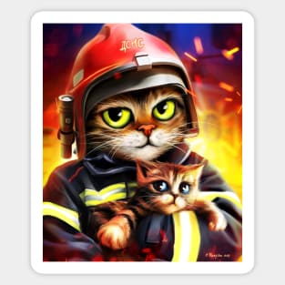 firefighter cat with little kitty Sticker